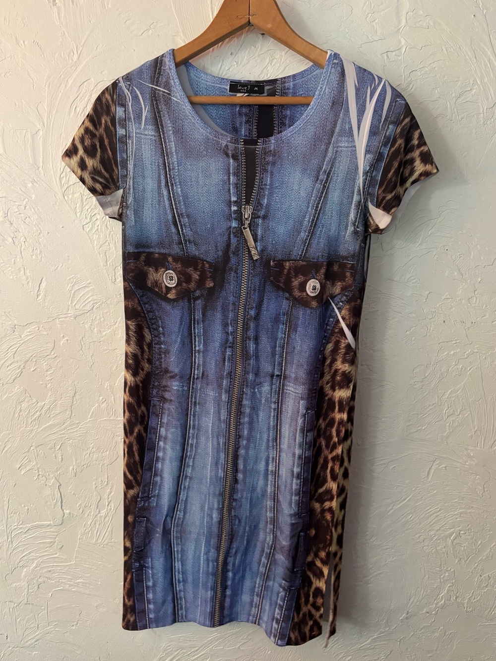 love J Blue Denim-Print Mini Dress with Leopard Print High Slit